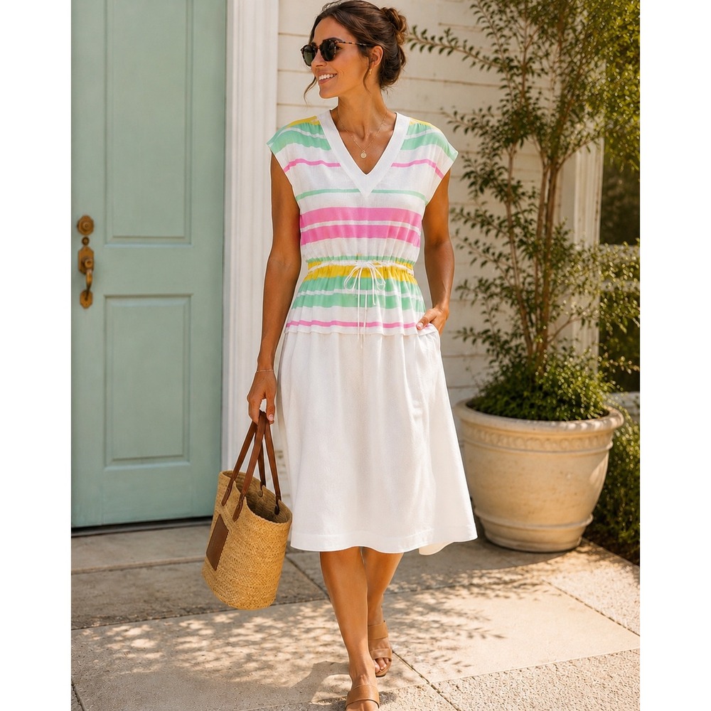 Vintage Kay Windsor 70s Striped V-Neck Dress Pastel Pink Green Yellow White USA